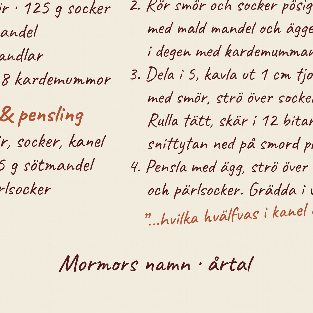Närbild på kanelbullereceptet i handskriven stil med mormors namn och årtal längst ned