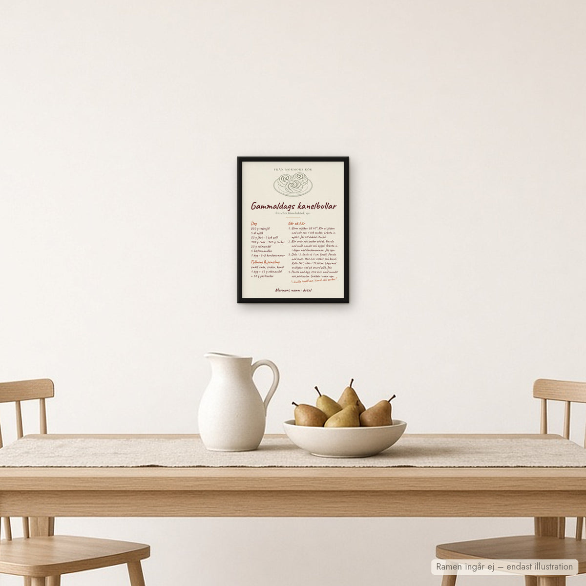 Receptposter med kanelbullar ovanför matbord med kanna och skål med päron