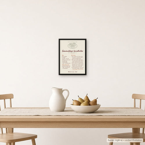 Receptposter med kanelbullar ovanför matbord med kanna och skål med päron